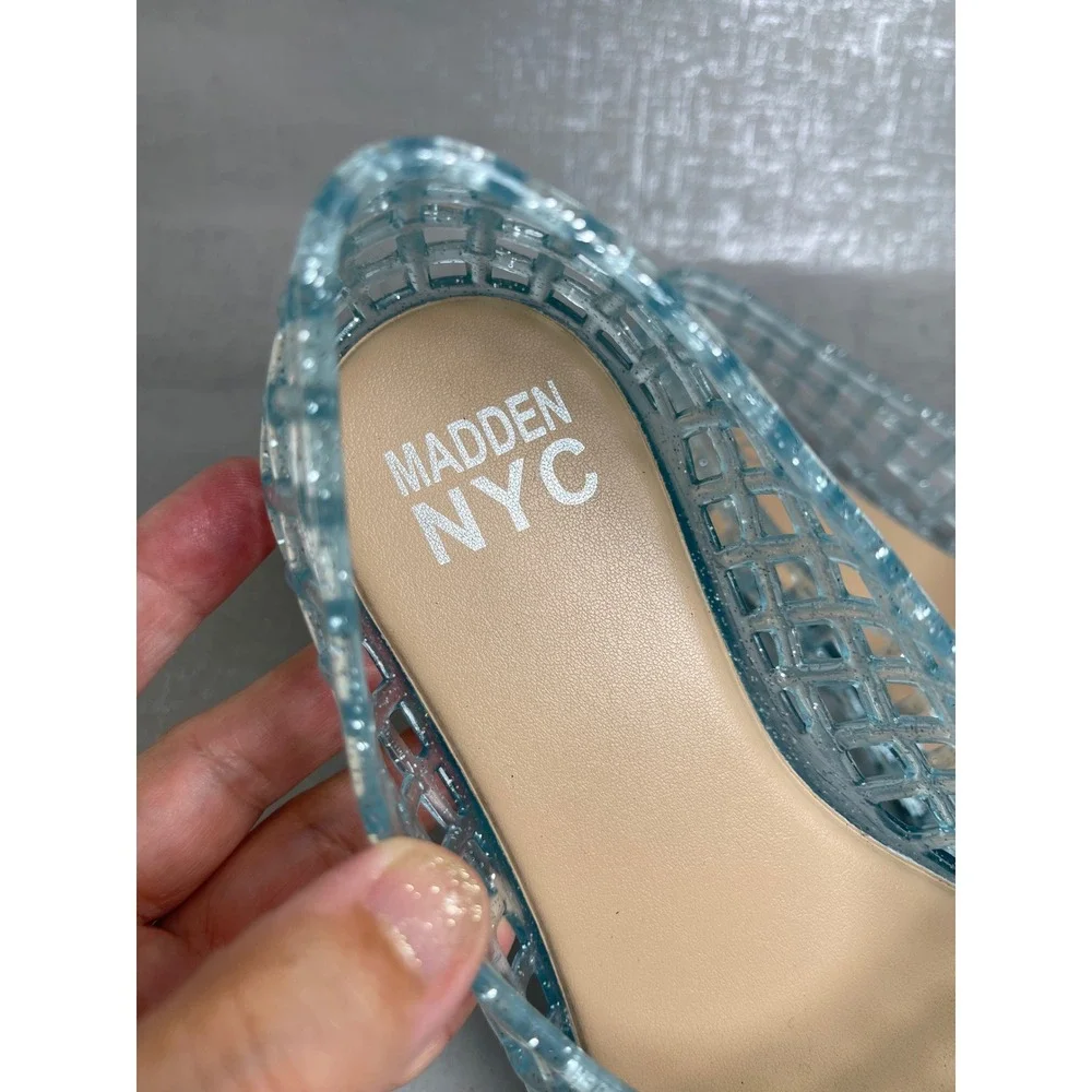 Madden NYC Kids Blue Glitter Jelly Flats Woven Cage Fisherman Shoes Big Girls 4